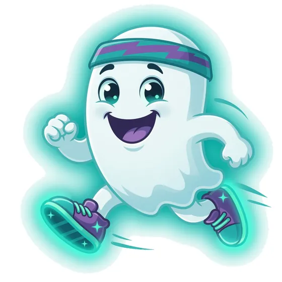 Rytme's ghost pacer mascot, a smiling ghost in a headband and running shoes.